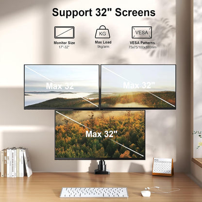 PUTORSEN Monitorhouder, 3 monitoren voor 17-32 inch beeldscherm, monitorhouder, 3 monitoren, in hoogte verstelbaar, met 9 kg per arm, 67 cm stang, zwenkbaar, kantelbaar, VESA 75/100 mm