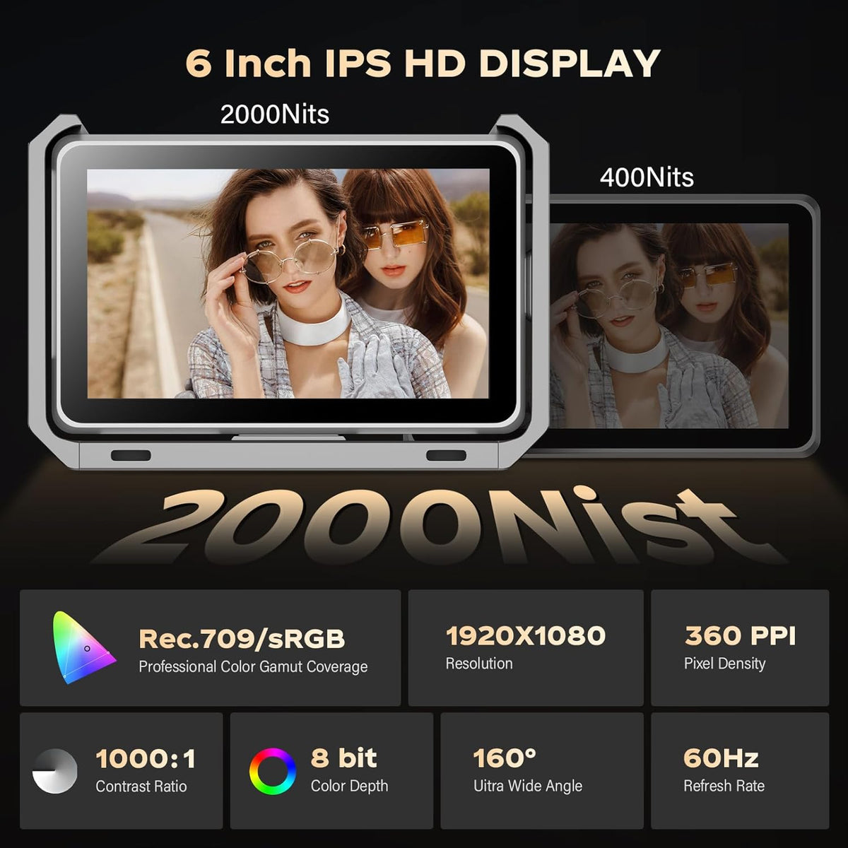 VILTROX DC-X3 Touchscreen monitor voor veldcamera, professionele monitor voor 6 inch camera, 2000 nits, 4K HDMI 1.4/3G-SDI, fotomonitor met zonneklep, batterij, motorkap, USB A, 3D, lut