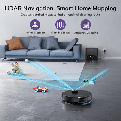 Robotstofzuiger en Dweil met Zelfledigingsstation, Laser Navigatie 5000Pa, 5 Stofzakken Inbegrepen, Werktijd 180min, Automatisch Herstarten, App/Stem/Afstandsbediening, S20