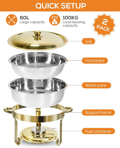 Gouden Chafing Dish Buffet Set 5L [Robuust en Eenvoudig te Monteren], 4-Pack Ronde Chafing Dishes, RVS Warmhoudbakken [Elegant Goud en Zilver], Voedselwarmer voor Catering Buffet en Elk Feest