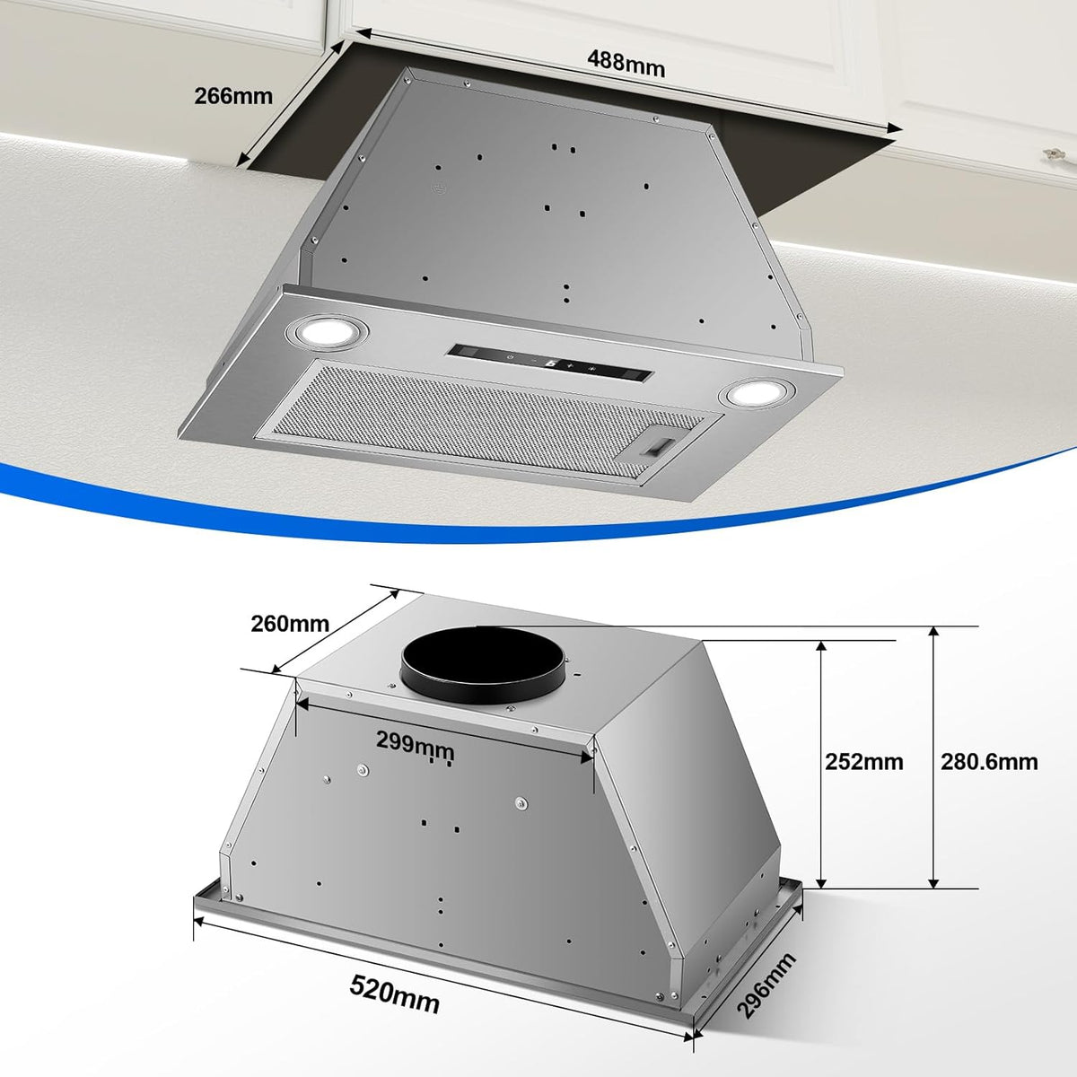 afzuigkap 52 cm, inbouwafzuigkap, 400 m³/u, 3 vermogensstanden en boosterfunctie, gebarenbediening, touchbediening, afzuiging/recirculatie met actieve koolfilter en rookpijp, afzuigkap