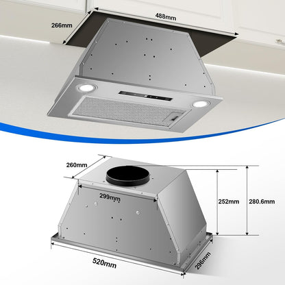afzuigkap 52 cm, inbouwafzuigkap, 400 m³/u, 3 vermogensstanden en boosterfunctie, gebarenbediening, touchbediening, afzuiging/recirculatie met actieve koolfilter en rookpijp, afzuigkap