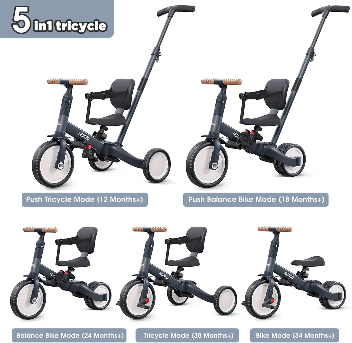 newyoo Tricycle 5 en 1, draisienne à partir de 1 an, avec barre de poussée, pour enfants à partir de 1, 2, 3 ans, avec pédales amovibles et siège réglable, Donkergrijs