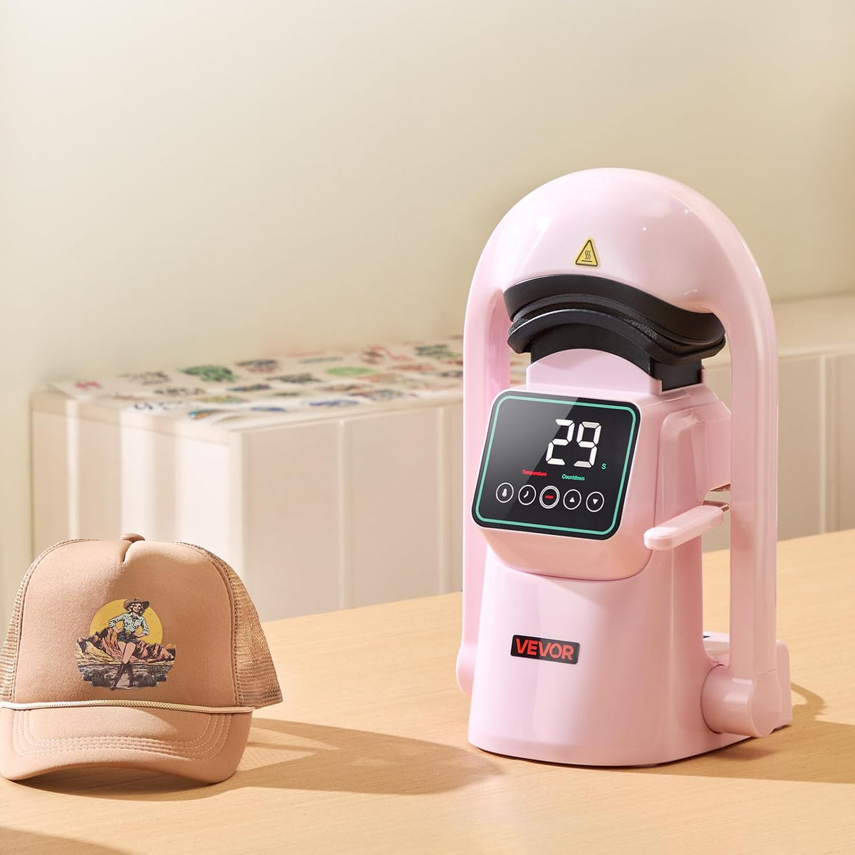 VEVOR Automatische hittepers voor petten en hoeden, sublimatiemachine met 2 verwisselbare platen, touchscreen voor nauwkeurige tijd- en temperatuurregeling, roze