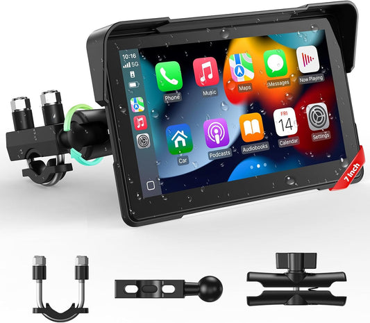 LAMTTO Motorcycle CarPlay and Android Car Wireless Screen, Upgrade Portable 7 Inch IP67 Waterproof Touch Screen with Navigation, Bluetooth, Siri/G00gle Assistant - QUORE