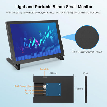 8 Inch Touchscreen Monitor – Mini Monitor – HDMI Monitor – IPS Display – Raspberry Pi Scherm – 1280 x 800 HD – Capacitief 5-Punts Touchscreen
