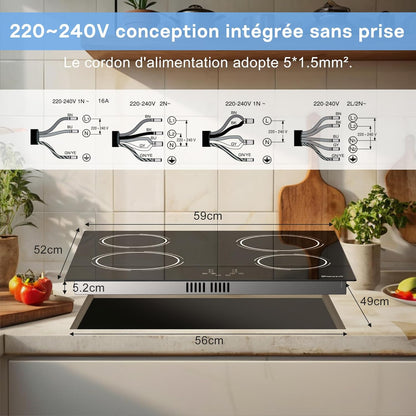 Kookplaat met 4 Pitten – Inductiekookplaat – Elektrische Kookplaat – Inbouw Kookplaat – Vitrokeramische Kookplaat – 60 cm Breed – 6000 W Vermogen – Touchbediening met Timer en Kinderslot