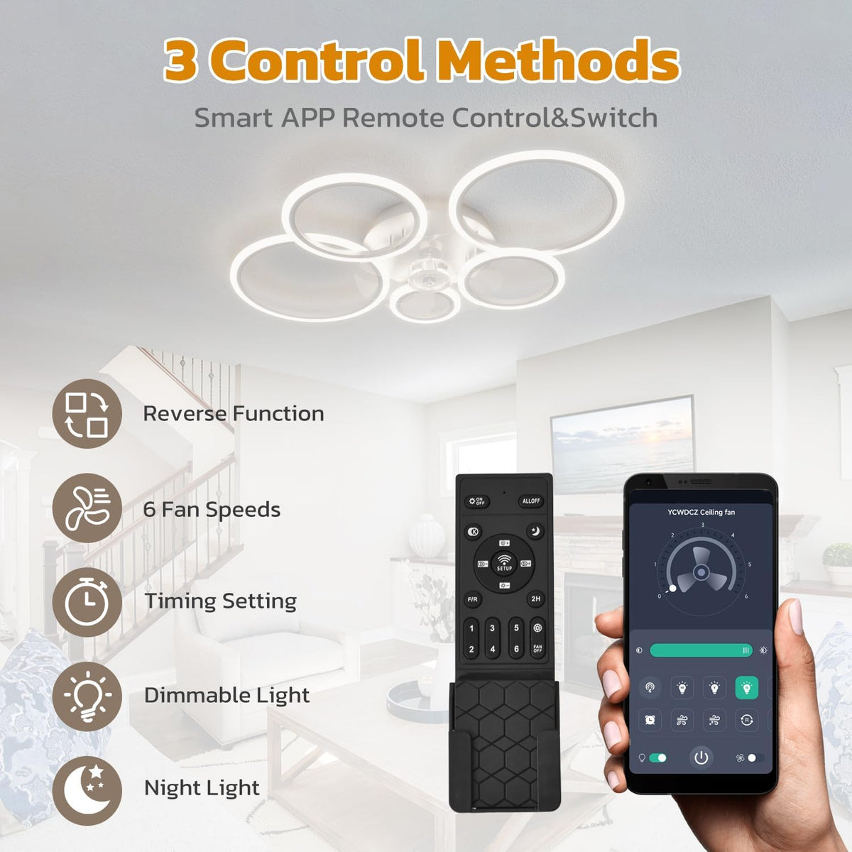 Plafondventilatoren Met Verlichting met Afstandsbediening, LED Ring Ventilator Lamp Plafond, Dimbaar, DC Motor, Omkeerbare 6 Snelheden, Ceiling Fan with Light voor Slaapkamer, Keuken