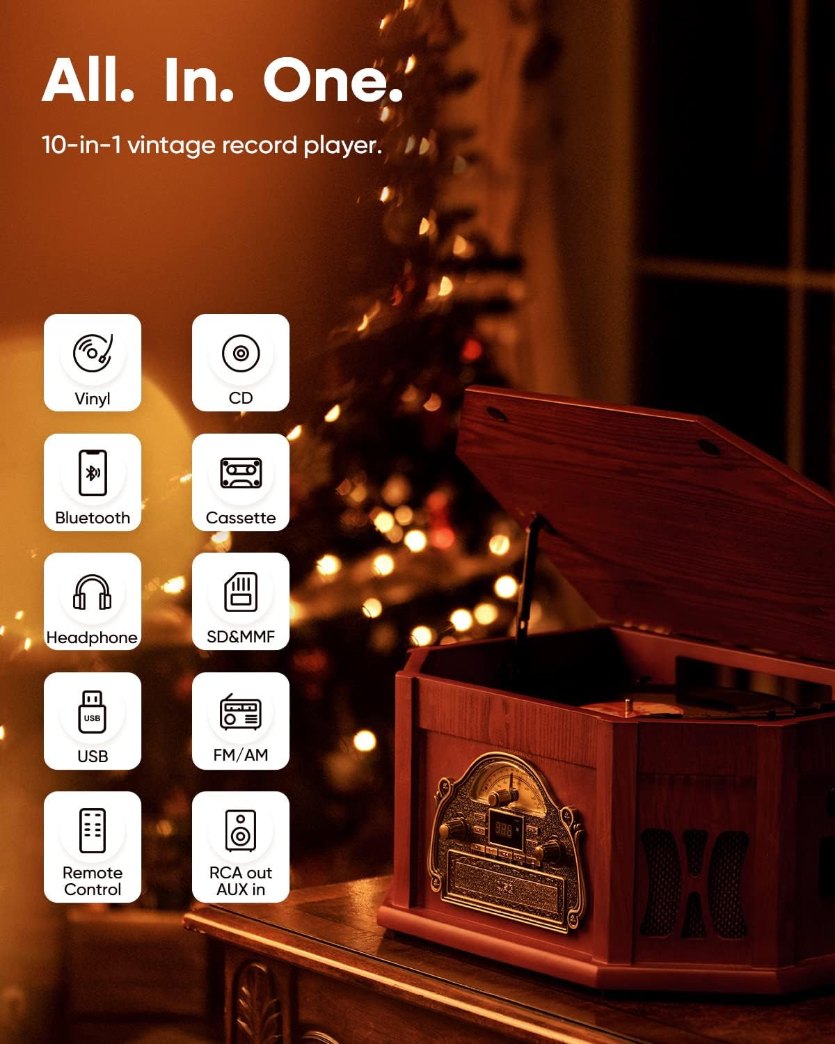 Platenspeler – Draaitafel – Vinylspeler – Stereo Systeem – Muzieksysteem – Houtlook – 10-In-1 Met Bluetooth En 2 Ingebouwde Luidsprekers