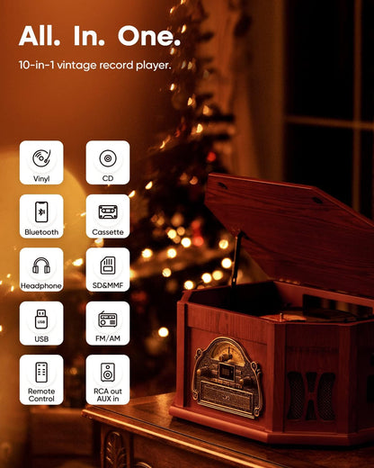 Platenspeler – Draaitafel – Vinylspeler – Stereo Systeem – Muzieksysteem – Houtlook – 10-In-1 Met Bluetooth En 2 Ingebouwde Luidsprekers