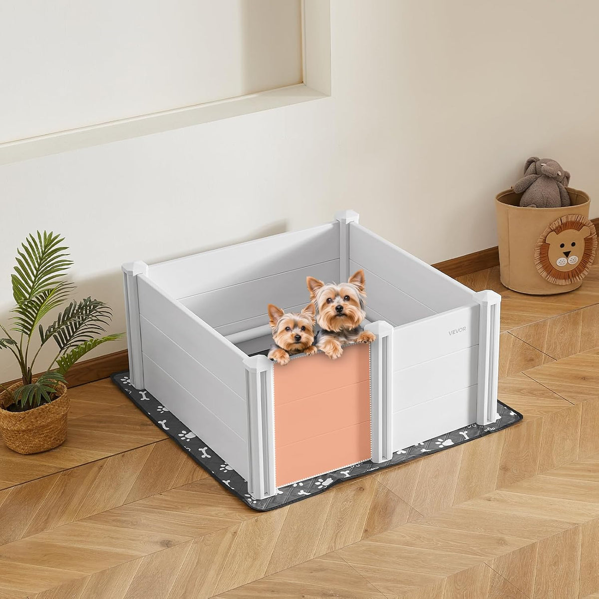 VEVOR Hondenspeelbox, 98 x 98 x 46 cm, plastic PVC puppybox met in hoogte verstelbare deur en wasbare plasmat, anti-vervorming indoor puppy speelbox voor middelgrote honden, melkwit
