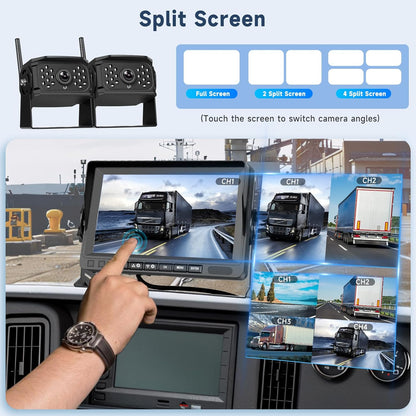 Hodozzy Achteruitrijcameraset, 2 camera's, digitaal, draadloos, 7 inch IPS-beeldscherm, monitor, waterdicht, infrarood, led-nachtzicht, dubbele achteruitrijcamera, draadloze ondersteuning, lusopname,