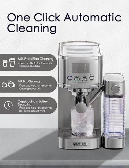 CAFELFFE 6-in-1 espressomachine, filterhouder met melkreservoir, automatische cappuccinomachine met zelfreiniging en 3 temperatuuropties, 1,3 liter roestvrij staal