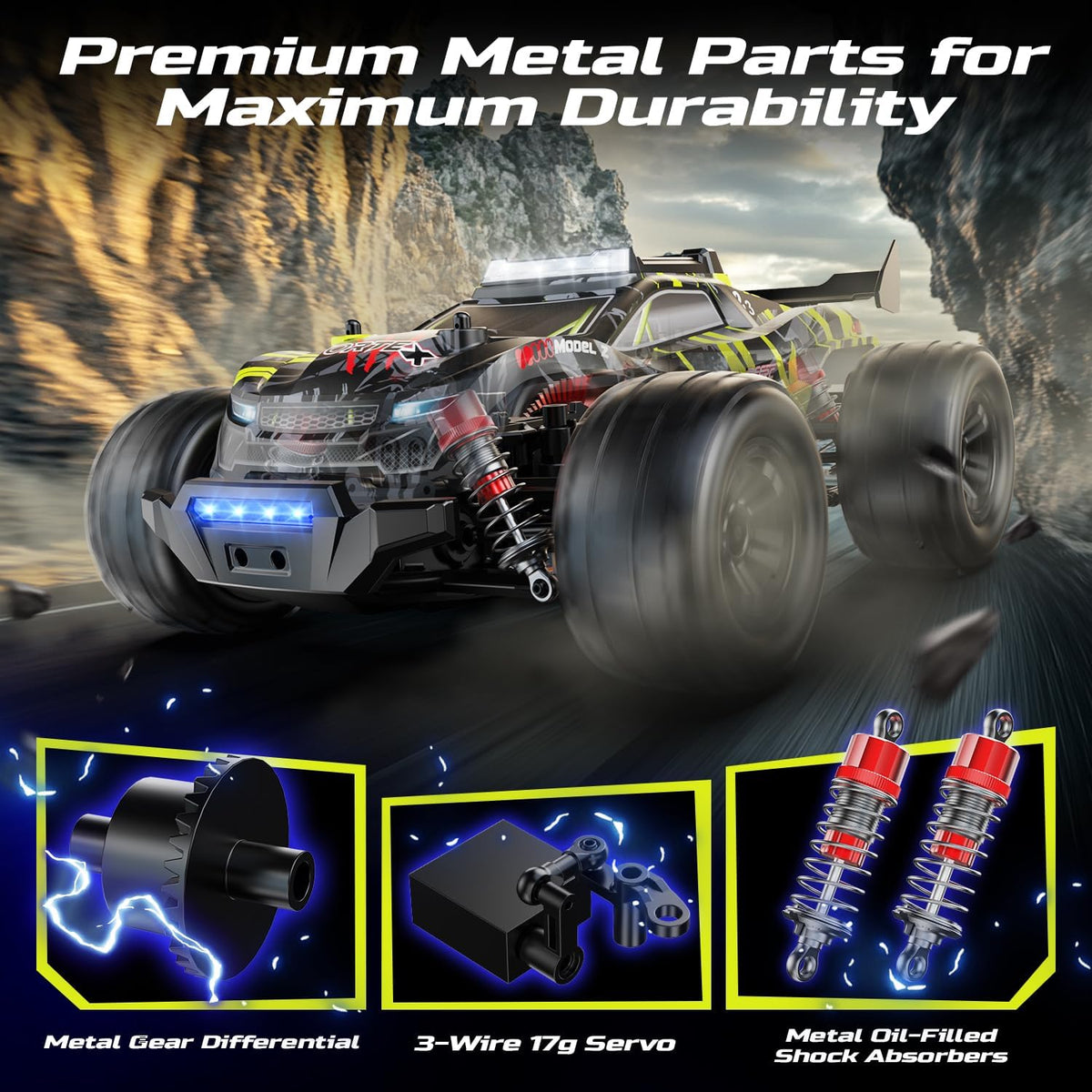 <font dir="auto" style="vertical-align: inherit;"><font dir="auto" style="vertical-align: inherit;">        DEERC 1:14 Brushless RC Car for Adults, 43MPH 4WD Off-Road RC Truck with 7-Color LED Lights, Metal Oil Shock Absorbers, 2x7.4V High-Capacity Batter