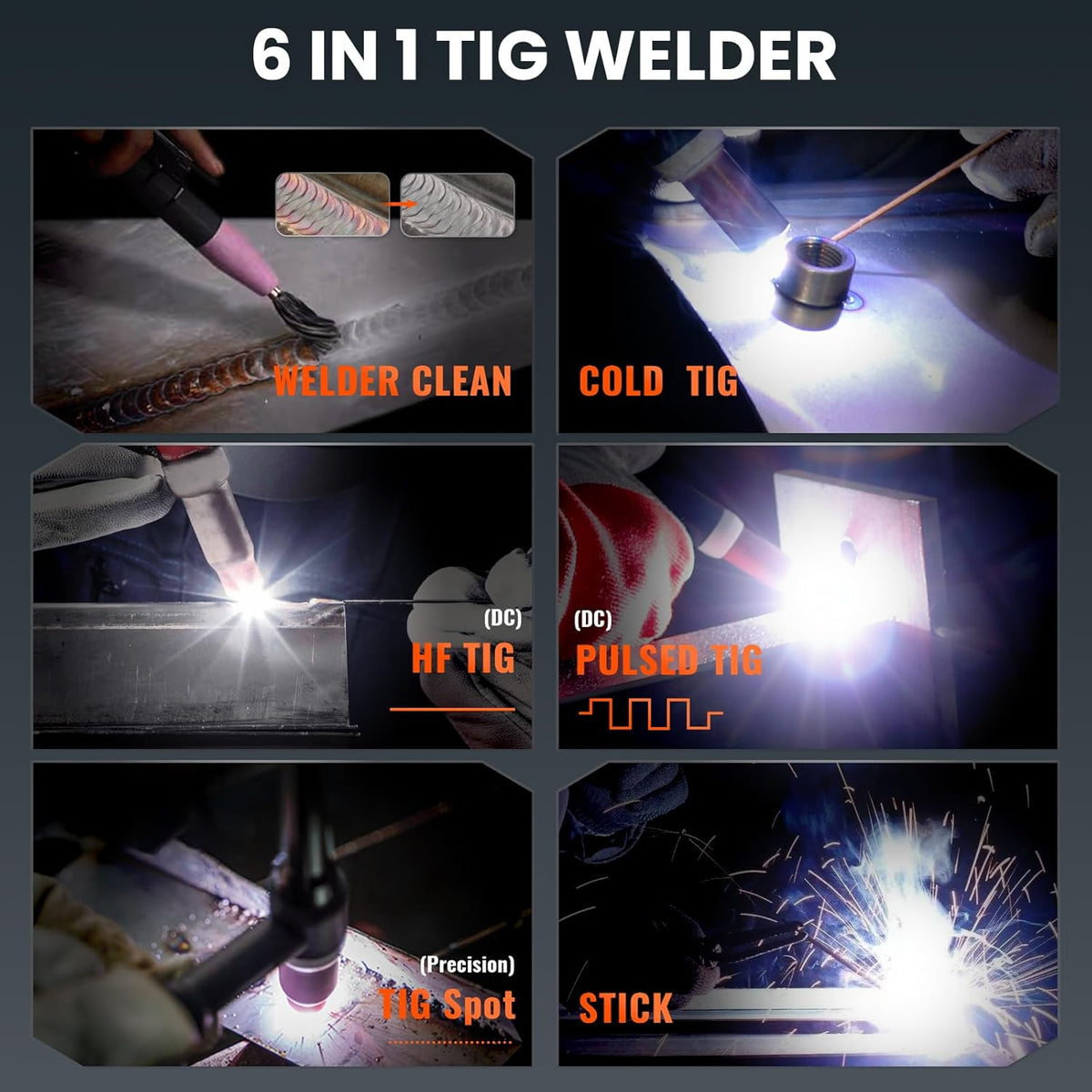 HITBOX TIG Lasapparaat 200A, 230V 6-in-1 met HF-start, MMA/TIG/Puls/TIG-reiniging/Puntlassen / 2T / 4T, voetpedaal en lashelm (TIG200PRO)