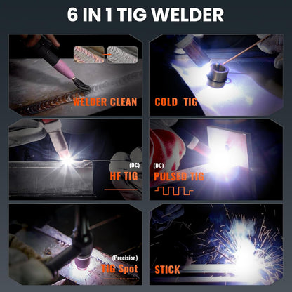 HITBOX TIG Lasapparaat 200A, 230V 6-in-1 met HF-start, MMA/TIG/Puls/TIG-reiniging/Puntlassen / 2T / 4T, voetpedaal en lashelm (TIG200PRO)