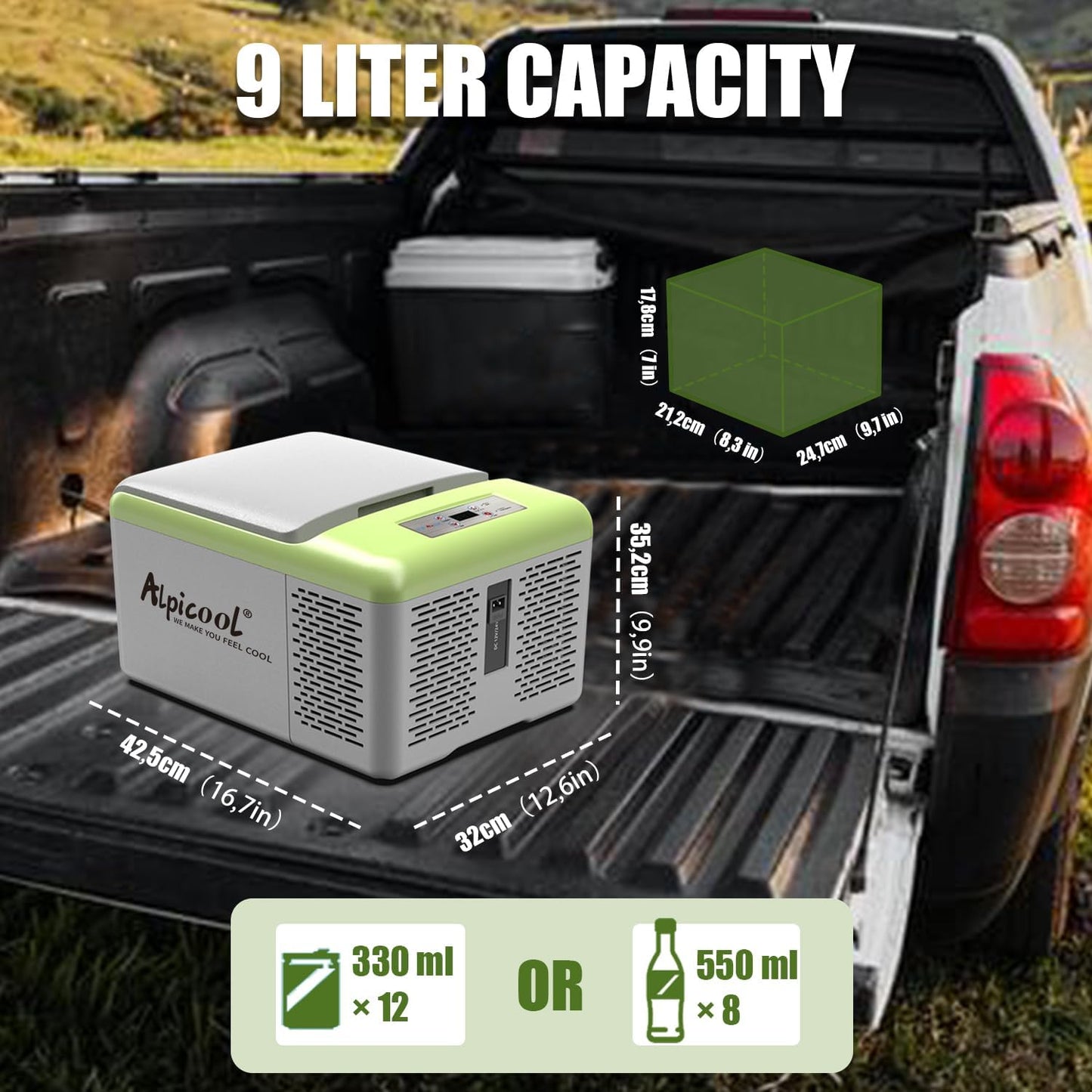 Alpicool C9PT Koelbox, 9 liter, 12 V, mini-koelbox, elektrische compressor, vriesbox, klein, draagbaar, voor camping, auto, vrachtwagen, boot, camper, met USB-aansluiting