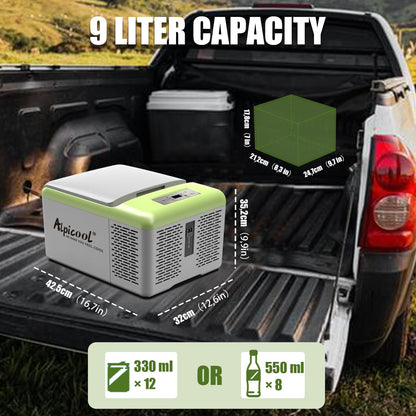 Alpicool C9PT Koelbox, 9 liter, 12 V, mini-koelbox, elektrische compressor, vriesbox, klein, draagbaar, voor camping, auto, vrachtwagen, boot, camper, met USB-aansluiting