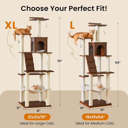 Grote Moderne Kattenboom - 178 cm Hoge Speeltoren voor Katten, Kattenmeubel met 7 Volledig Omwikkelde Krabpalen, 2 Ruime Platforms, Hangmat, Afneembaar Kussen en Pluche Ballen, Notenhout Bruin
