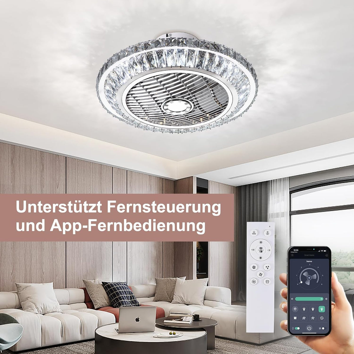 LED-plafondventilator met verlichting, stille kristallen ventilatorkroonluchter met afstandsbediening, dimbare timingventilator, plafondlamp, 72 W moderne ventilator, plafondlamp voor kinderkamer