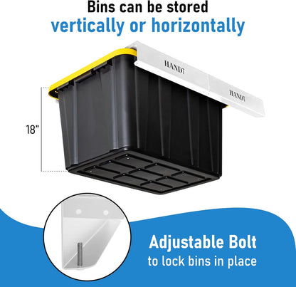 HANDT Overhead Garage Opbergrek, Plafond Tote Bin Organisatie Rails Rekken Systeem, Heavy Duty Opknoping Metalen Rek Systemen voor 27 Gallon Container, Ondersteunt de meeste andere Bakken, 4 Sets Wit