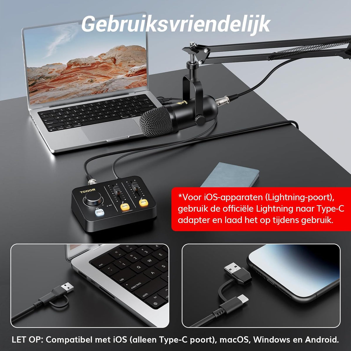 TONOR Podcast-Apparatuurpakket, Mixer met Dynamische Microfoon en Microfoonarm, XLR-Microfoon met Studio-Audio-Interface, Microfoonarm, Alles-in-één Pakket voor Opnemen, Streamen, POD-1