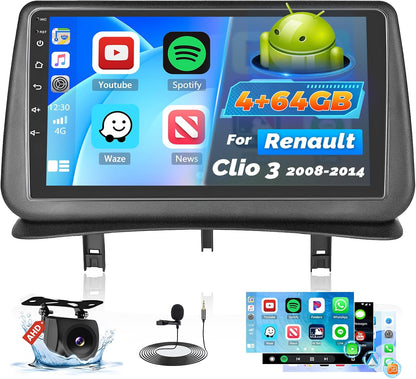 Roinvou 4+64G 2 DIN-autoradio voor Renault Clio 3 2008-2014 Draadloze Carplay Android Auto, Android 9 inch autoradio met touchscreen MirrorLink Bluetooth WiFi GPS 32EQ RDS/FM SWC Camera