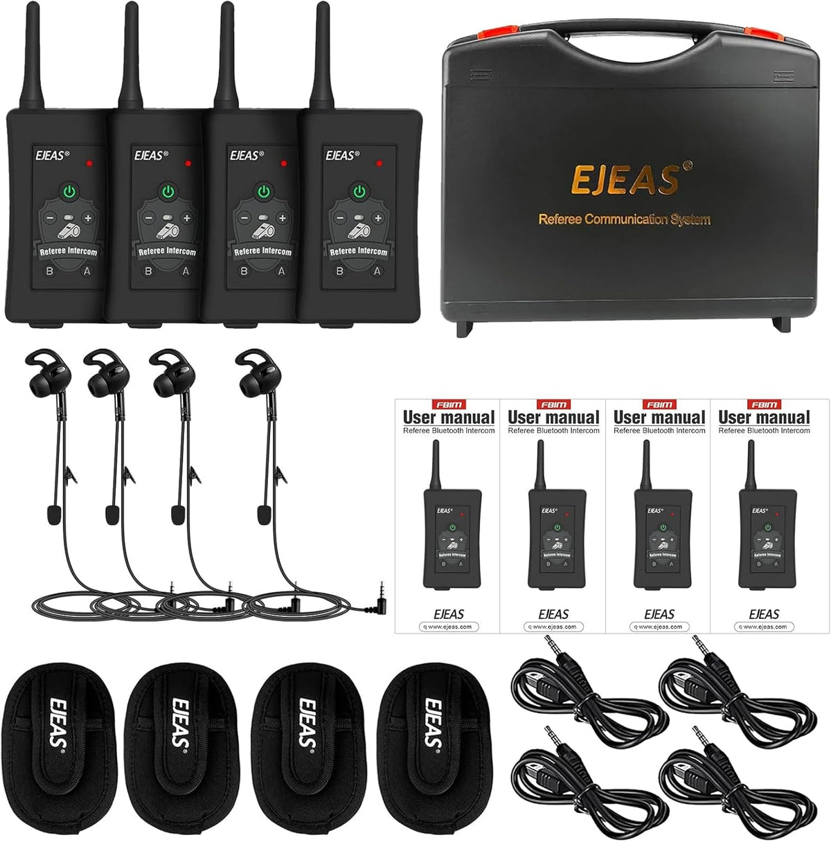 EJEAS FBIM Professionele Bluetooth-intercom voor scheidsrechter, 850 mAh volduplex 1500 M draadloze intercom met ruisonderdrukking voor voetbal en handbal (4 stuks)