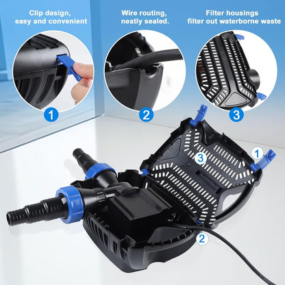 Super ECO stofpomp 70 W max. 8000L/H pomp voor buiten, fontein, aquarium, dompelpomp, waterpomp, waterpomp met filter en kabel, 10 m spaarpomp voor zwembad beek zwembad