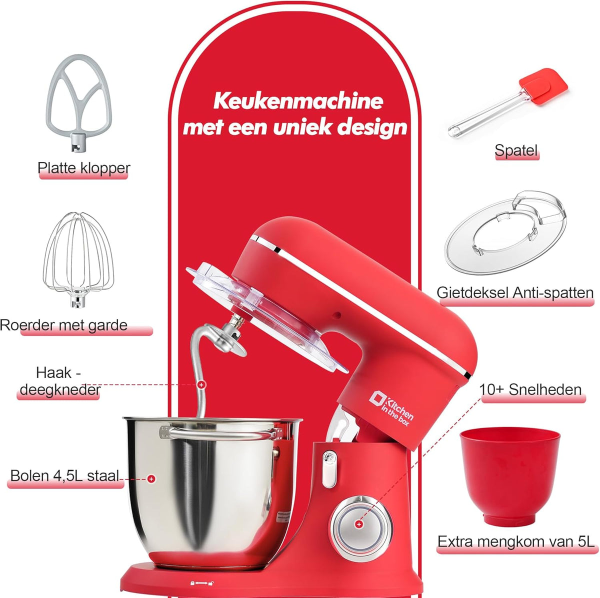 Kitchen in the Box Keukenmachine, 1300W, 10 snelheden, 4.5L + 5L mengkommen, elektrische standmixer met garde, klopper en deeghaak (Rood, 4.5L)