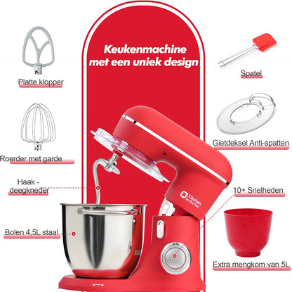 Kitchen in the Box Keukenmachine, 1300W, 10 snelheden, 4.5L + 5L mengkommen, elektrische standmixer met garde, klopper en deeghaak (Rood, 4.5L)