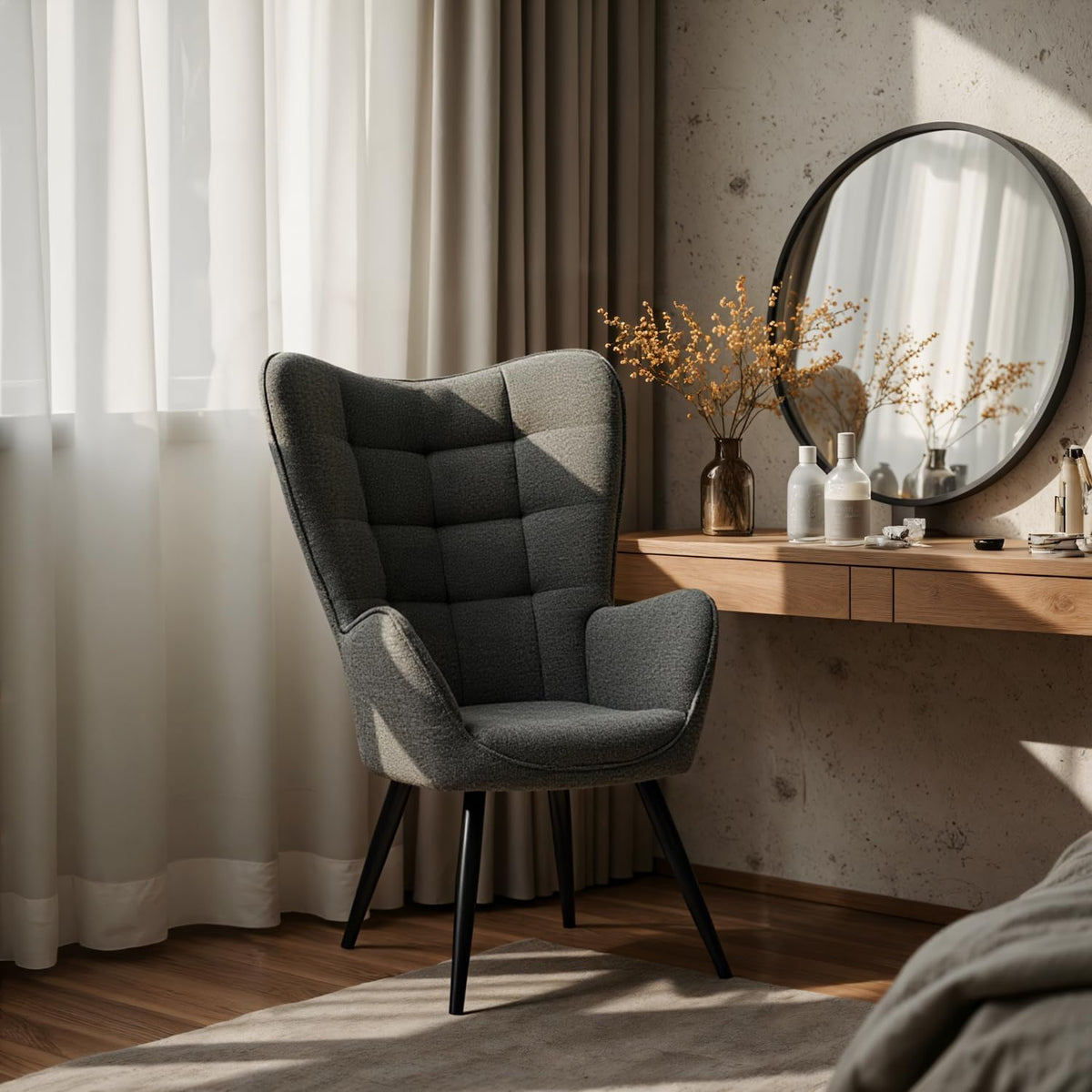 MEUBLE COSY Armchair Armchair with Upholstered and High Back Metal Legs Recliner Chair Fabric Relax Chair for Bedroom, Living Room, Dark Grey, 68x50x106cm - QUORE