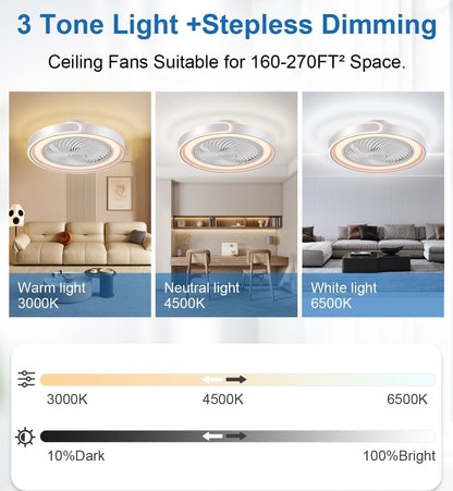 TYJY Modernity Ronde plafondventilator, stil, met licht, 50 cm, plafondlamp, ventilator, 70 W, led, dimbaar, met afstandsbediening, app, timer, 6 snelheden, voor woonkamer, slaapkamer, eetkamer (wit)
