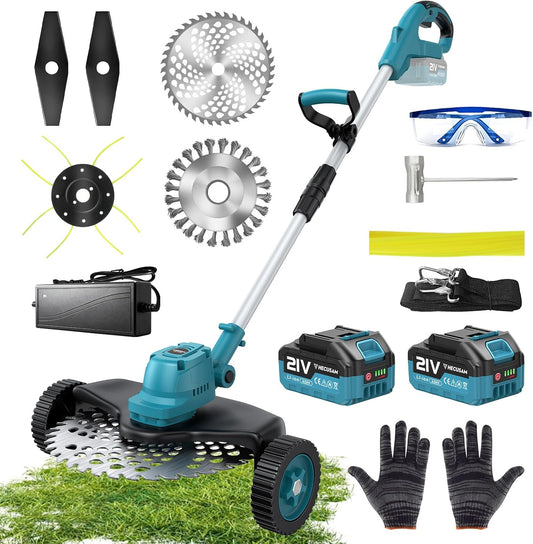 4-in-1 grastrimmer met accu, borstelloze motor, accu grastrimmer op wielen is met 4 bladtypes en 2 x 4,0 Ah accu, in lengte verstelbaar, voor tuin en tuinieren, blauw