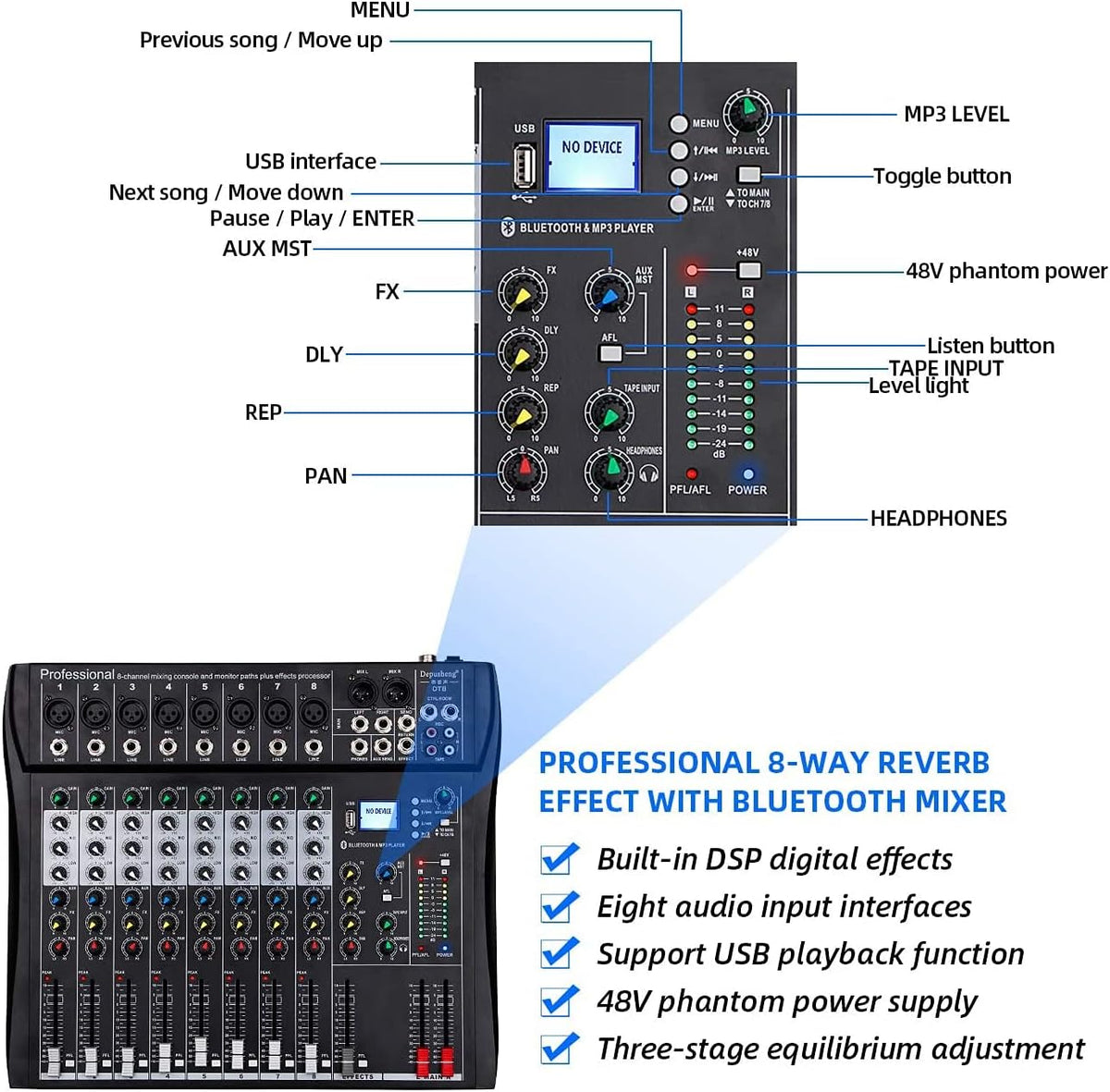 8-Kanaals Mixer Zwart – Mengpaneel, Mengtafel, Geluidsmixer, Mixconsole – Bluetooth, USB En MP3 – 48V Fantoomvoeding En 3-Bands EQ