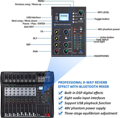 8-Kanaals Mixer Zwart – Mengpaneel, Mengtafel, Geluidsmixer, Mixconsole – Bluetooth, USB En MP3 – 48V Fantoomvoeding En 3-Bands EQ