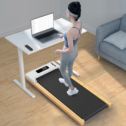 Bottom Desk Treadmill Walking Pad Portable Flat Slim Machine with Remote Control LCD Display for Home Office Gym Use, Installation Free (Wood) - QUORE