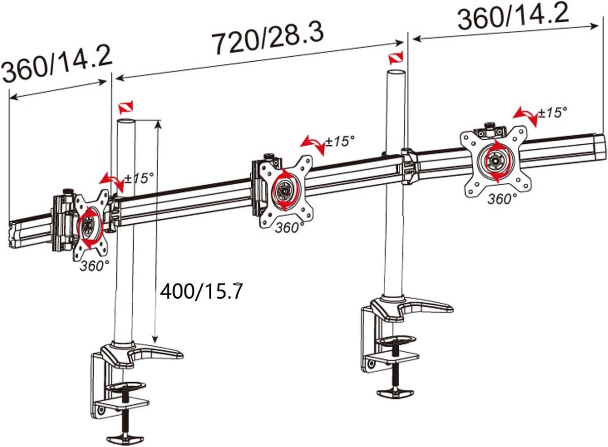 HFTEK 3-voudige Monitor TV Desk Mount Tafelbeugel houder voor schermen van 15 tot 27 inch - VESA 75/100 (MP230C-N)