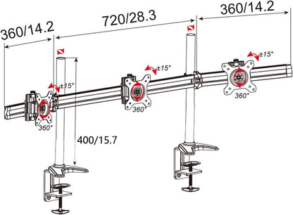 HFTEK 3-voudige Monitor TV Desk Mount Tafelbeugel houder voor schermen van 15 tot 27 inch - VESA 75/100 (MP230C-N)