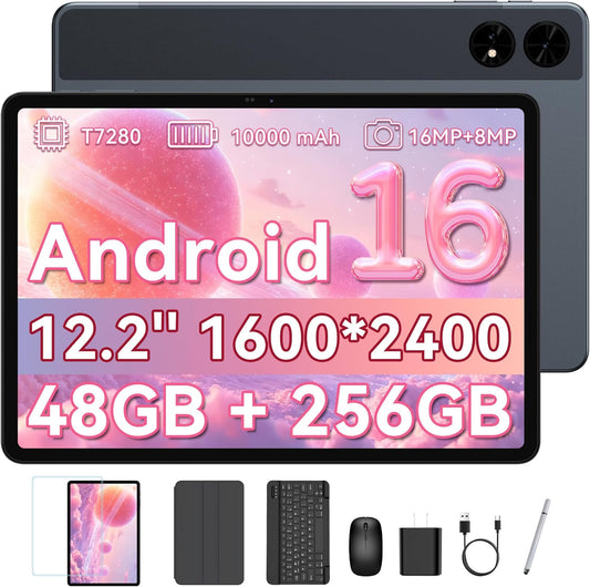 Android 16 tablet met stylus, 12,2 inch 120 Hz 2,5 K FHD, 36 GB RAM 256 GB ROM (2 TB TF), Octa-Core, 10.000 mAh, Widevine L1, tablet met SIM 4G LTE/5G WiFi, 16 MP + 8 MP, tablet touchscreen