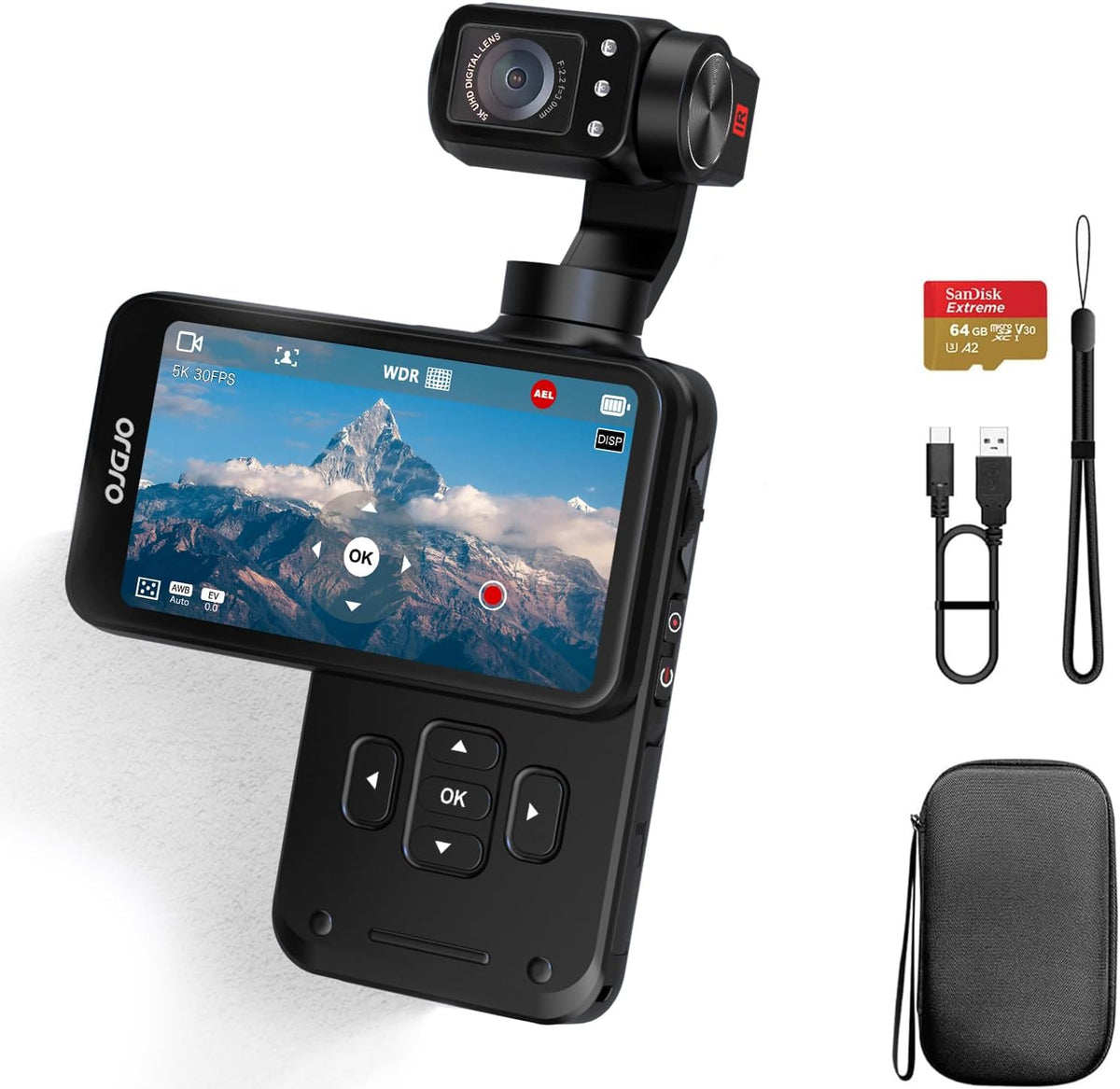 ORDRO M5 5K vlogging-camera met 3-assige stabilisator, 120° ultra-groothoek, infrarood nachtzicht, 3,5 inch IPS-scherm, kleine vlogcamera met SD-kaart: