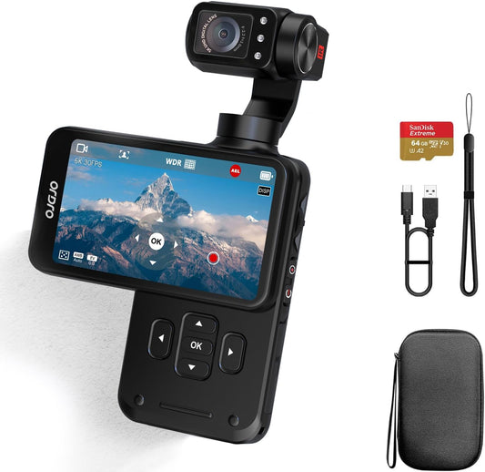 ORDRO M5 5K vlogging-camera met 3-assige stabilisator, 120° ultra-groothoek, infrarood nachtzicht, 3,5 inch IPS-scherm, kleine vlogcamera met SD-kaart: