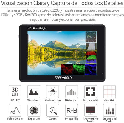 FEELWORLD LUT7 PRO 2200Nits TouchScreen Camera Field Monitor 4K HDMI Loop Out Camera Monitor with Light Sensor,3D LUTs,FHD 1920X1200 IPS,HDR Waveform,F970 External Installation Package - QUORE
