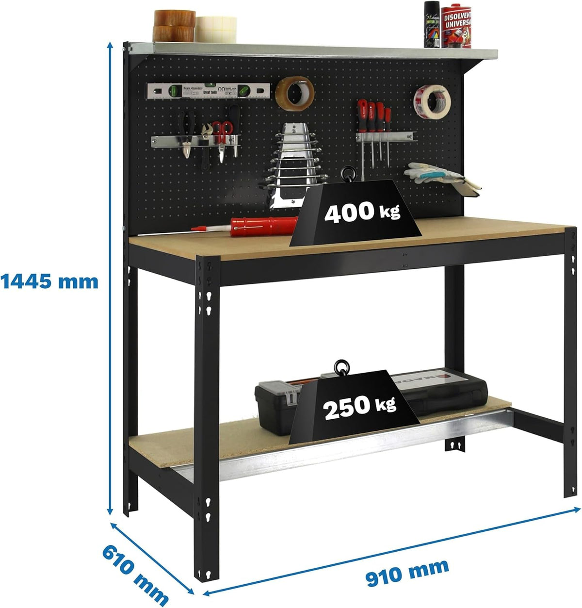 Simon Rack Sterke Werkbank met Bovenplank en Geperforeerd Paneel, 1445x910x610 mm, 400 kg Draagvermogen, Metalen Frame en Houten Werkblad, Compleet voor Werkplaats, Antraciet/Hout – BT3