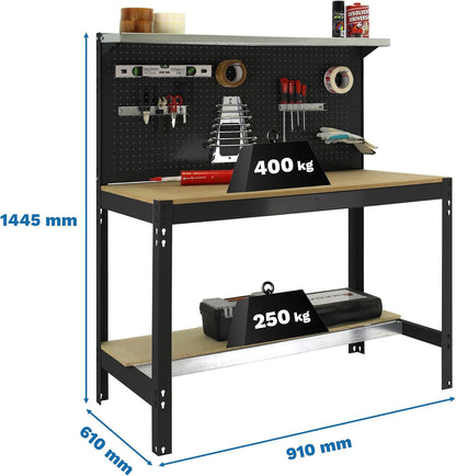 Simon Rack Sterke Werkbank met Bovenplank en Geperforeerd Paneel, 1445x910x610 mm, 400 kg Draagvermogen, Metalen Frame en Houten Werkblad, Compleet voor Werkplaats, Antraciet/Hout – BT3
