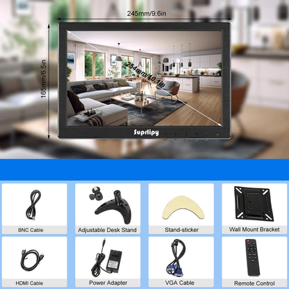 10 inch FHD kleine IPS Monitor LCD Scherm 1920x1200 60Hz 16:10 met BNC VGA AV Ingang Ingebouwde Lounspeakers voor CCTV Beveiligingscamera DVR PC STB Game Console