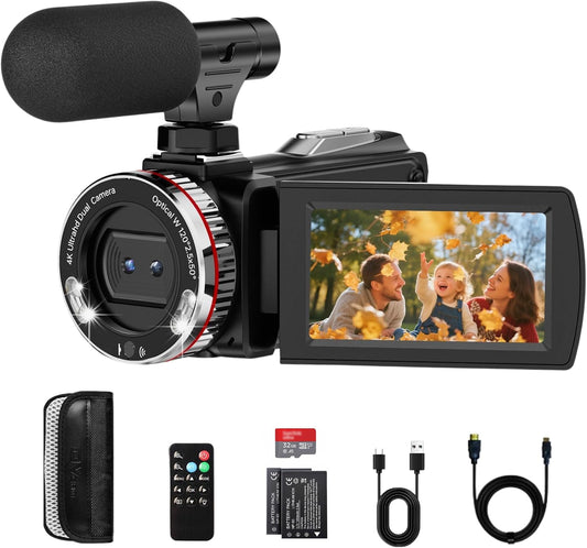 Videocamera 4K 48MP – Camcorder – Vlogcamera – YouTube Camera – Digitale Videocamera – 21x Digitale Zoom – 3,0'' 270° Draaibaar Scherm
