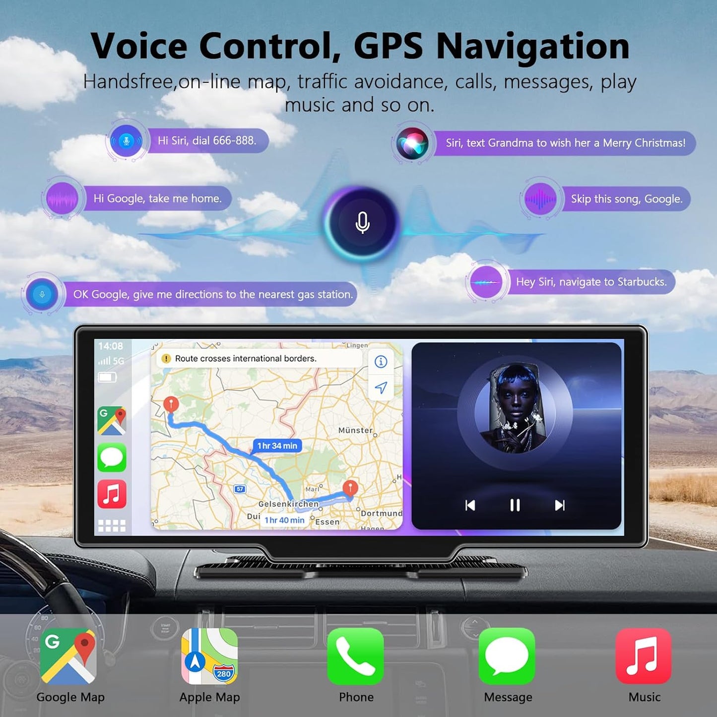 10,26 Inch Wireless Carplay Screen voor Car Play en Android Auto, Draadloze Autoradio met 4K Dashcam/1080P HD Achteruitrijcamera/Bluetooth/FM/AUX/64G TF/Mirror Link/Spraakbesturing/GPS-Navigatie