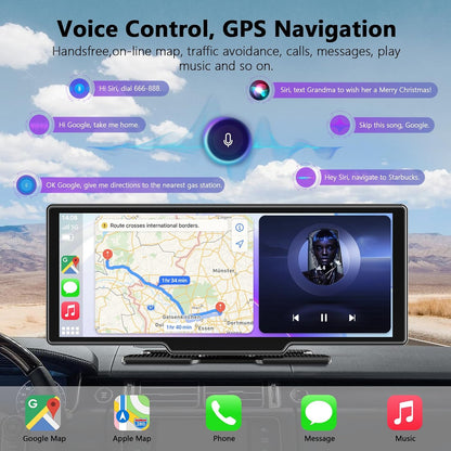 10,26 Inch Wireless Carplay Screen voor Car Play en Android Auto, Draadloze Autoradio met 4K Dashcam/1080P HD Achteruitrijcamera/Bluetooth/FM/AUX/64G TF/Mirror Link/Spraakbesturing/GPS-Navigatie