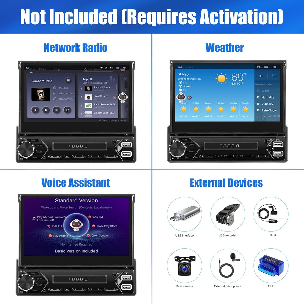 [2GB+64GB] SIXWIN 1 Din Android 13 autoradio met navigatiesysteem, 7 inch uitschuifbaar display autoradio met WiFi verbonden/GPS/Bluetooth/FM-ontvanger/USB/EQ/Mirror Link